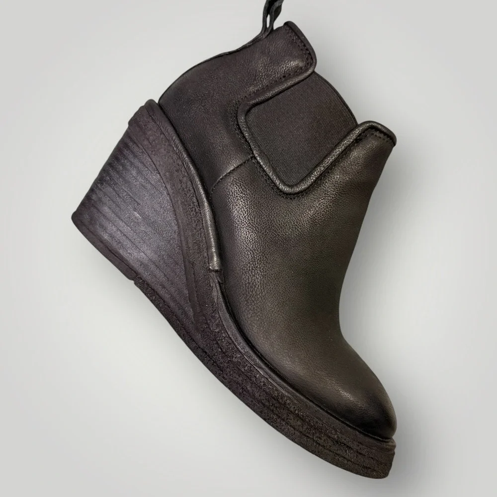 AS98  Talen Black Leather‎ Wedge Ankle Boots Chelsea Pull On Platform Womens 37